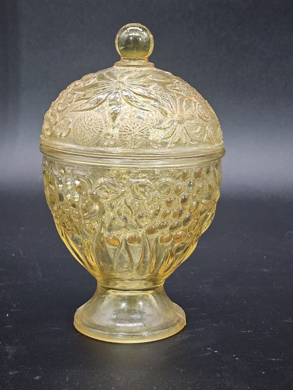 Avon Yellow Pressed Glass Covered Candy Dish
